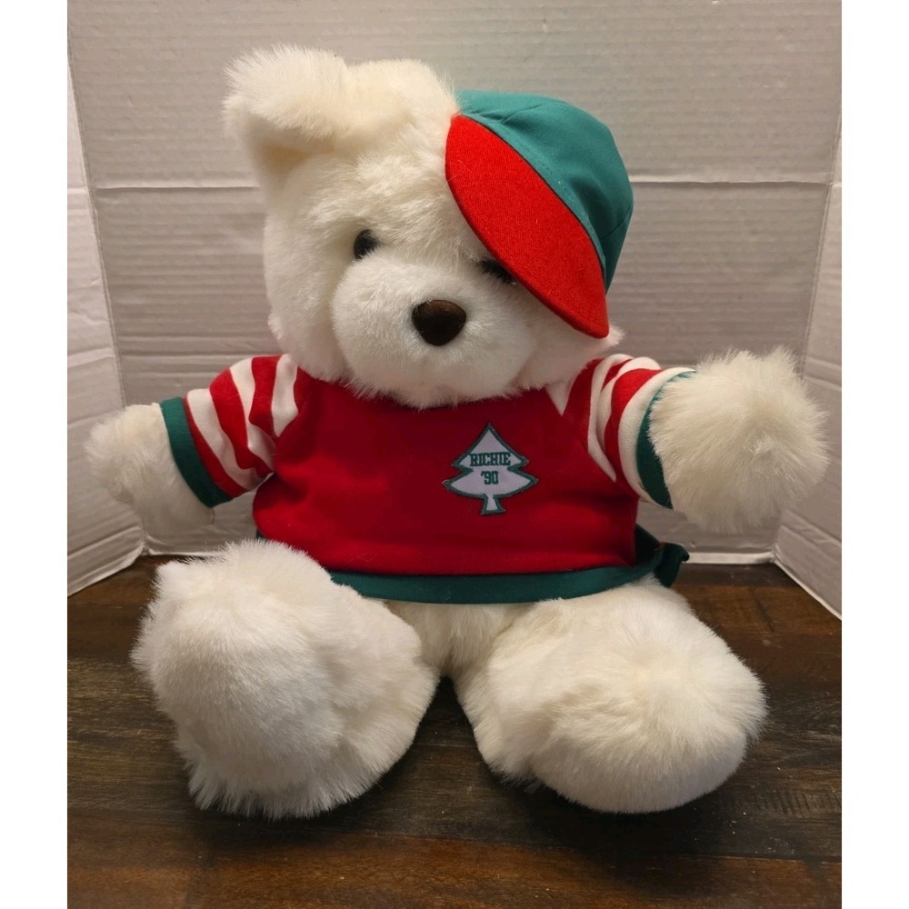 Vintage 1990 Richie Bear Plush Christmas White Teddy Sweater Hat Holiday